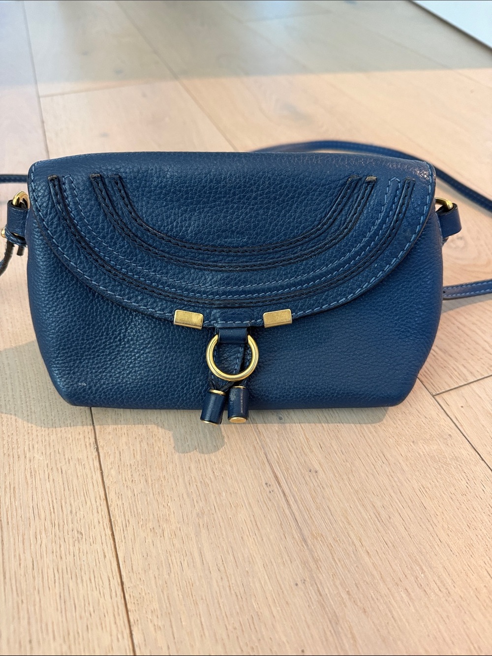 Chloe Navy Pebbled Leather Crossbody Bag with Gold Ring Accent